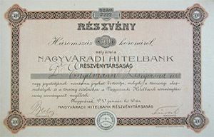 Nagyváradi Hitelbank Részvénytársaság részvény 300 korona 1910 Nagyvárad