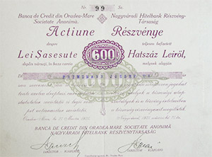 Nagyváradi Hitelbank Részvénytársaság részvény 600 lei 1921 Nagyvárad