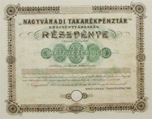 Nagyváradi Takarékpénztár Részvénytársaság részvény 2000 lei 1921