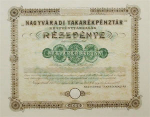Nagyváradi Takarékpénztár Részvénytársaság részvény 4000 korona 1910