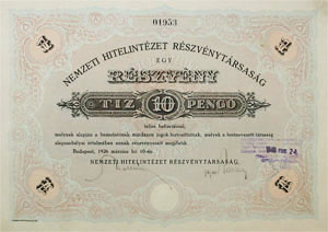 Nemzeti Hitelintézet Részvénytársaság részvény 10 pengő 1926