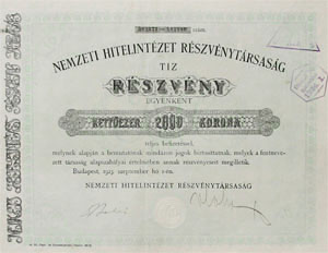 Nemzeti Hitelintézet Részvénytársaság részvény 10x2000 korona 1923