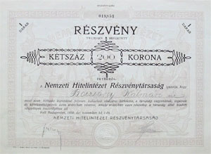 Nemzeti Hitelintézet Részvénytársaság részvény 200 korona 1920