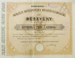 Nemzeti Hitelintézet Részvénytársaság részvény 5x2000 korona 1923
