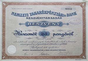 Nemzeti Takarékpénztár és Bank Részvénytársaság részvény 25 pengő 1926