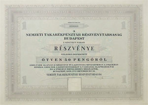 Nemzeti Takarékpénztár Részvénytársaság részvény 50 pengő 1939