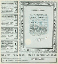 Nemzeti Takarékpénztár Részvénytársaság részvényutalvány 5x50 pengő 1946
