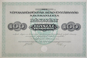 Néptakarékpénztár Részvénytársaság Nagykanizsán részvény 100 pengo 1926