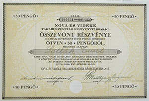 Nova és Vidéke Takarékpénztár Részvénytársaság összevont részvény 5x10 50 pengő 1926