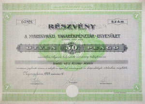 Nyíregyházi Takarékpénztár Egyesület Részvénytársaság részvény 50 pengő 1929 Nyíregyháza