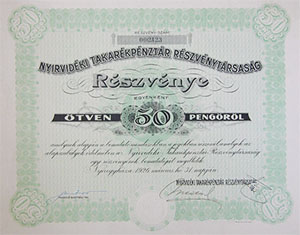 Nyírvidéki Takarékpénztár Részvénytársaság részvény 50 pengő 1926 Nyíregyháza