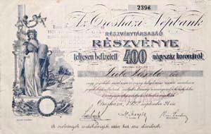 Orosházi Népbank Részvénytársaság részvény 400 korona 1922