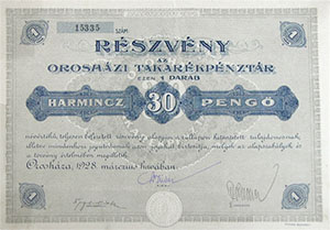 Orosházi Takarékpénztár Részvénytársaság részvény 30 pengő 1928 Oroshaza