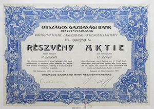 Országos Gazdasági Bank Részvénytársaság részvény 10 pengő 1927