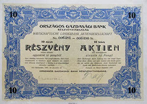 Országos Gazdasági Bank Részvénytársaság részvény 10x10 100 pengő 1927