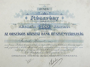 Országos Községi Bank Részvénytársaság részvény 200 korona 1914