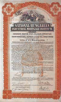 Országos Magyar Ipari Jelzálog Intézet Részvénytársaság kötvény 1000 dollár 1928