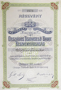 Országos Tisztviselő Bank Részvénytársaság részvény 200 korona 1905