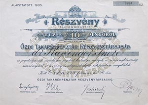 Ózdi Takarékpénztár Részvénytársaság részvény 10 pengő 1928 Ózd
