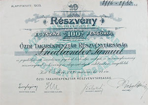 Ózdi Takarékpénztár Részvénytársaság részvény 10x10 100 pengő 1926 Ózd