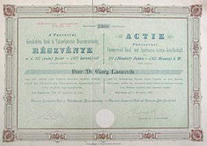 Pancsovai Kereskedelmi Bank és Takarékpénztár Részvénytársaság részvény 100 forint 200 korona 1895 Pancsova