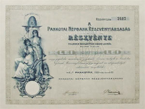 Pankotai Népbank Részvénytársaság részvény 1000 lei 1920