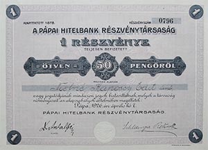 Pápai Hitelbank Részvénytársaság részvény 50 pengő 1926 Pápa