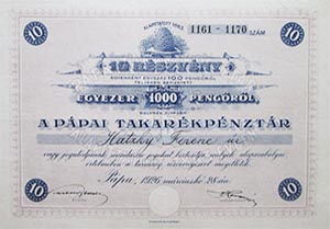 Pápai Takarékpénztár Részvénytársaság részvény 10x100 pengő 1926 Pápa