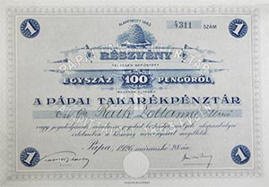 Pápai Takarékpénztár Részvénytársaság részvény 100 pengő 1926 Pápa