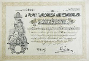 Párdányi Takarékpénztár mint Részvénytársaság részvény 100 korona 1903 Párdány