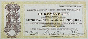 Pásztói Gazdasági Bank Részvénytársaság részvény 10x25 250 pengő 1928 Pásztó