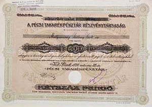 Pécsi Takarékpénztár Részvénytársaság részvény 200 pengő 1926