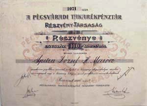 Pécsváradi Takarékpénztár Részvénytársaság részvény 100 korona 1910