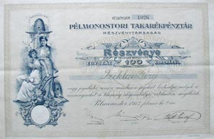 Pélmonostori Takarékpénztár Részvénytársaság részvény 100 korona 1913 Pélmonostor