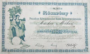 Pelsőczi Közgazdasági Bank Részvénytársaság részvény 100 korona 1912 Pelsőc