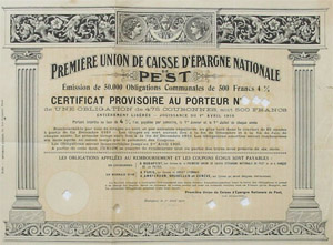 Pesti Hazai Első Takarékpénztár-Egyesület kötvény 500 frank 1910