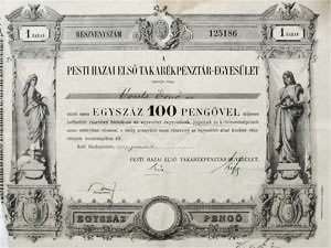 Pesti Hazai Első Takarékpénztár-Egyesület részvény 100 pengő 1927