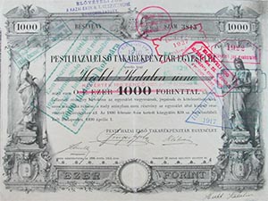 Pesti Hazai Első Takarékpénztár-Egyesület részvény 1000 forint 1890