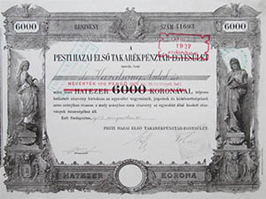 Pesti Hazai Első Takarékpénztár-Egyesület részvény 6000 korona 1923