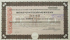 Pesti Hazai Első Takarékpénztár-Egyesület részvényelismervény 50x100 pengő 1946