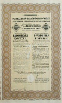 Pesti Hazai Első Takarékpénztár-Egyesület záloglevél 1000 frank 1931