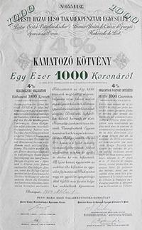 Pesti Hazai Első Takarékpénztár-Egyesület 4% kamatozó kötvény 1000 korona 1904