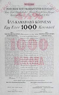 Pesti Hazai Első Takarékpénztár-Egyesület 4,5% kamatozó kötvény 1000 korona 1917