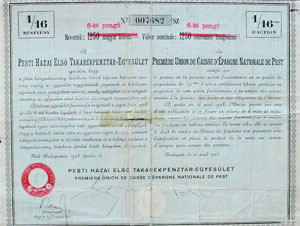 Pesti Hazai Első Takarékpénztár-Egyesület 1/16 részvény 1925