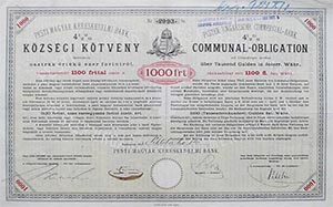 Pesti Magyar Kereskedelmi Bank községi kötvény 1000 forint 1888