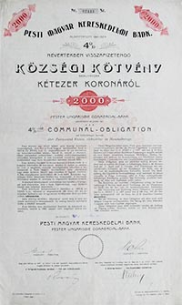 Pesti Magyar Kereskedelmi Bank községi kötvény 2000 korona 1903