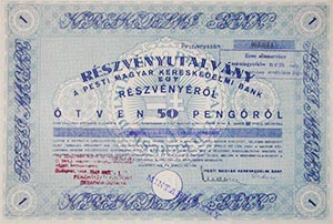 Pesti Magyar Kereskedelmi Bank részvényutalvány 50 pengő 1946