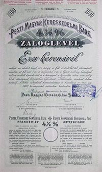 Pesti Magyar Kereskedelmi Bank záloglevél 1000 korona 1902