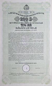 Pesti Magyar Kereskedelmi Bank záloglevél 200 dollár 1930