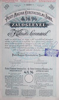 Pesti Magyar Kereskedelmi Bank záloglevél 200 korona 1908